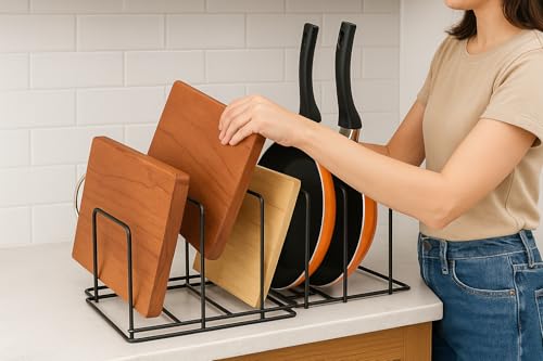 Image of Pan & Pot Lid Organizer Rack - Multifunctional Cookware for Cabinet, Pantry Chopping Board Holder, Space-Saving Kitchen Organizer, Black(17 inch L x 7 inch W x 6 inch H) (GEO-RACK)
