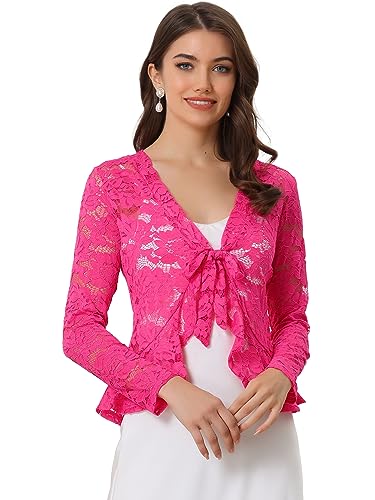 Allegra K Bolero para mujer, manga larga, floral, cárdigan corto de encaje, hot pink, XL
