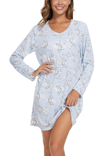 Image of Kabento 2 Pack Long Sleeve Nightgowns for Women Soft Cotton Night Gowns Sleepwear V Neck Nightshirts