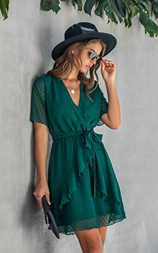 Ecowish Women V Neck Short Sleeve Polka Dot Floral Pattern A-Line Tie Belt Short Dress With Ruffle Irregular Hem Green X-Large #TOP1