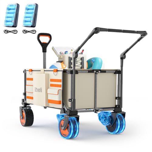 Litheli Carretilla eléctrica plegable, carro de mano plegable, doble motor con frenos, 150 L, 90 kg, carro plegable adecuado para camping, jardín, playa, compras (beige+barra de empuje)