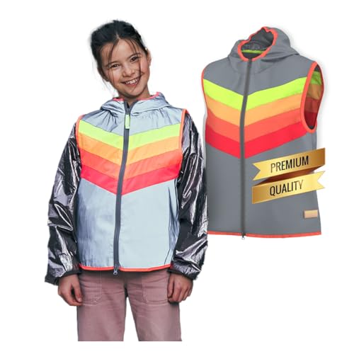 GOFLUO Warnweste 7-9Y - Reflektierende Jacke für Kinder Darkflow, Regenbogen Sicherheitsweste, Neonweste