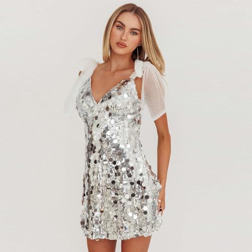 Robe de cocktail à paillettes col en V chic en polyester