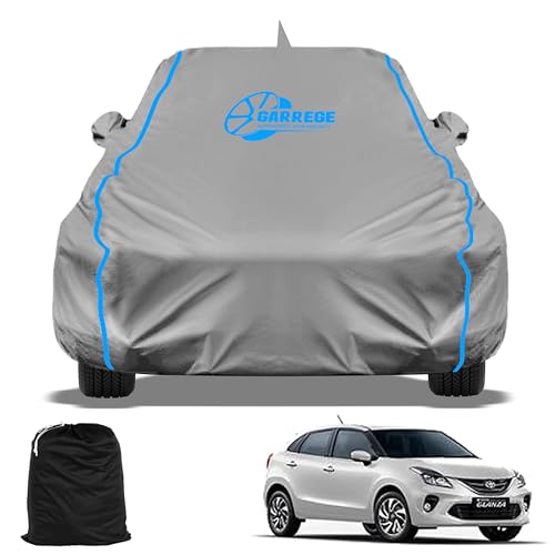 Image of Toyota Glanza Waterproof Car Body Cover with Mirror and Anteena Packets 150 GSM Grey Fabric with Piping Style All Weather Protection Cover for Car