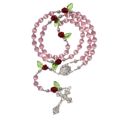 HELLOWIN Pink Cats Eye Beads Catholic Virgin Mary Rosary Necklace Women