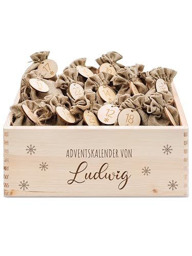 wunderwunsch® - Personalisierter Adventskalender zum selber befüllen - Adventskiste Holz mit hochwertiger Gravur - mit Juteschnur Jutesäckchen und Holzzahlen Schneeflocke Gravur