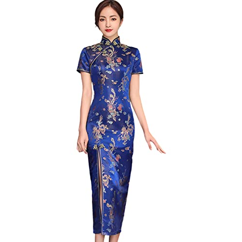 Altsuceser Vestido Cheongsam con cuello mandarín para mujer, estampado de dragón fénix, vestido chino tradicional dividido Qipao, vestido de novia azul oscuro, talla L