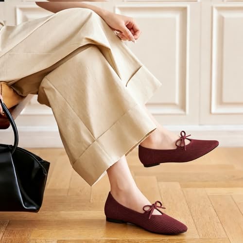 Image of TINGRISE Women's Pointed Toe Flats Comfortable Knit Ballet Shoes Washable Dressy with Bow Business Casual Work Shoes