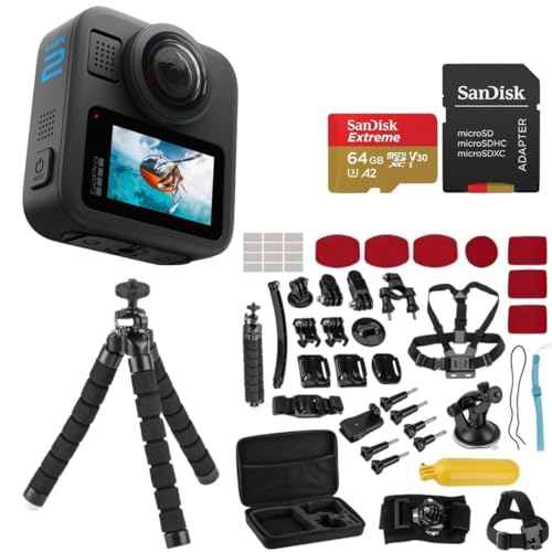 GoPro MAX2 - �h��360 + �]���̃A�N�V�����J�����A�^�b�`�X�N���[���t���A����8K�r�f�I�A29MP 360�ʐ^�A�����\�ȃ����Y�A�n�C�p�[�X���[�X�X�^�r���C�[�[�V�����A47�s�[�X�A�N�Z�T���[�L�b�g+64GB�J�[�h�t��