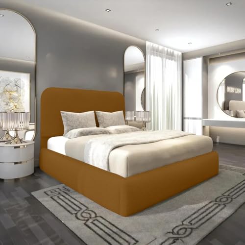 Image of AL SULTAN 4FT6 Double Luxury Bed With Headboard Upholstered In Plush Velvet Mustard Bed Wooden Slats - No Mattress - No Storage (Mustard Plush, 4FT6 Double Bed Frame Only)