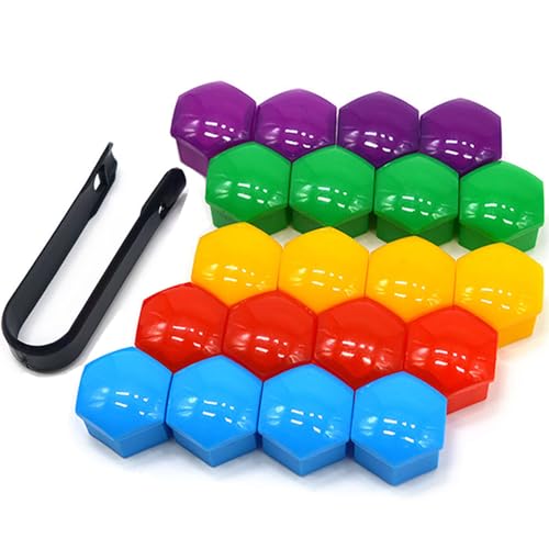 QitinDasen 20 Piezas 21 mm Coche Rueda Tuerca Cubiertas, Tapa de Perno de Tuerca de Rueda de Coche Universal, Tapa de Tuerca de Neumático Hexagonal (Rojo Amarillo Azul Verde Púrpura)