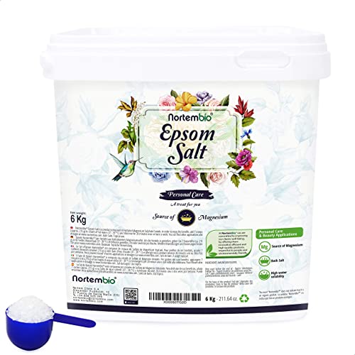 Nortembio Sales de Epsom 100% Pura 6 kg – Fuente Concentrada de Magnesio | Para Pieles Sensibles | Con Vitamina C y E Hidratante | Sin Aditivos, Uso Externo Natural + E-Book Gratis