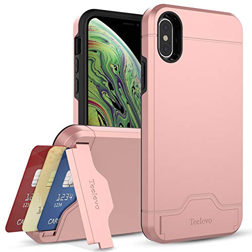 Teelevo Wallet Case for iPhone Xs (2018), Dual Layer Case with Card Slot Holder and Kickstand for iPhone Xs and iPhone X - Rose Gold