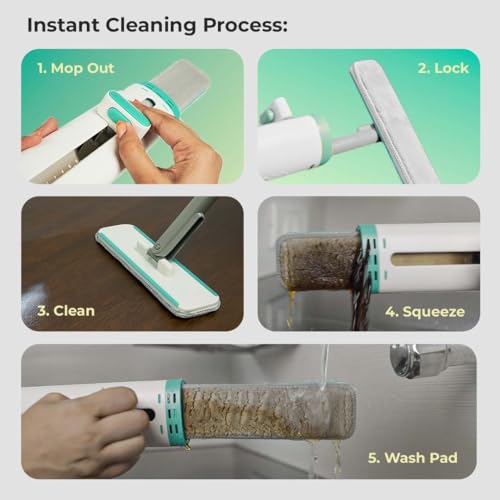Image of HOFU Mini Mop for Kitchen with Self-Squeeze Mechanism | 3-in-1 Wipe, Mop & Brush | Microfiber Refill Pad - 1 Extra | Compact Design | White & Teal