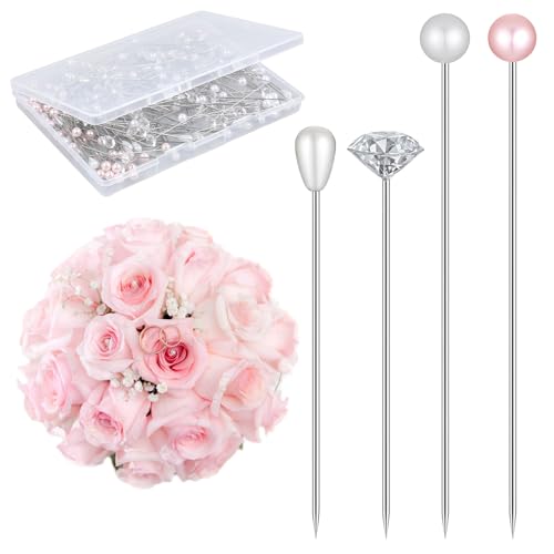 200Pcs Bouquet Pins 4 Styles Exquisite Elegant Pearl Head Pins Shine Crystal Corsage Pin Bouquet Accessories for DIY Flower Decoration Dressmaking Jewelry Crafting Floral Arrangements