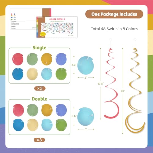 Image of HonuGoGo 48-Piece Hanging Swirl Decorations for Ceiling, Boho Retro Paper Streamers in Soft Vintage Tones, Eye-Catching Party Decor for Birthdays, Baby Showers, Weddings, Classroom & Home Celebration