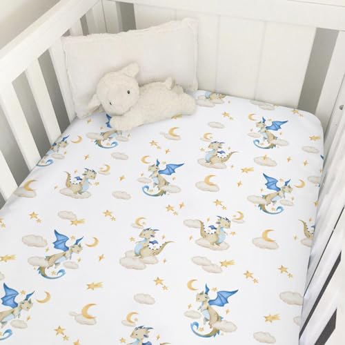 Image of Cartoon Fairy Tale Dragon Moon Stars Clouds Baby Crib Sheets 52''x28'' Watercolor Dragons Stretchy Fitted Crib Mattress Cover for Boy Girl Soft Bed Sheet for Standard Crib and Toddler Mattress