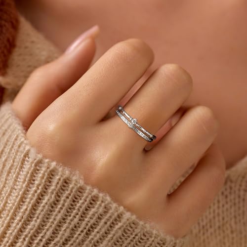 LOVECOM S925 Sterling Silver Crown Layered Rings for Women 14k Gold Plated Dainty Cubic Zirconia Wedding Band Eternity Promise Ring Jewelry Birthday Gifts for Her Mom to My Daughter2