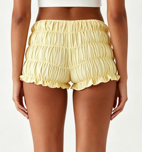 Image of NUFIWI Women's Y2k Ruched Mini Shorts Low Waist Ruffle Frill Bloomers Lounge Pajamas Smocked Micro Shorts Sleepwear