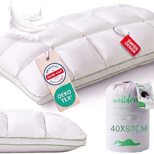 Welldora Premium Kopfkissen 40x80, 100% Daunenfasern & Federn, mittelfest | Puffwolken-Design für höchsten Komfort | Seiten- & Rückenschläfer | Oeko-Tex | Dermatest "Sehr gut" | Sc