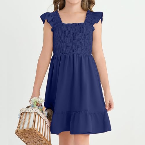 Girls' Summer Sleeveless Smocked Dress Square Neck Ruffle Hem Casual Sundress3