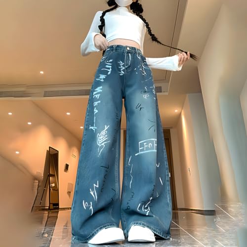 Y2K Gothic Vintage Grunge Casual Style High Waist Straight Wide Leg Doodle Print Denim Pants for Women3