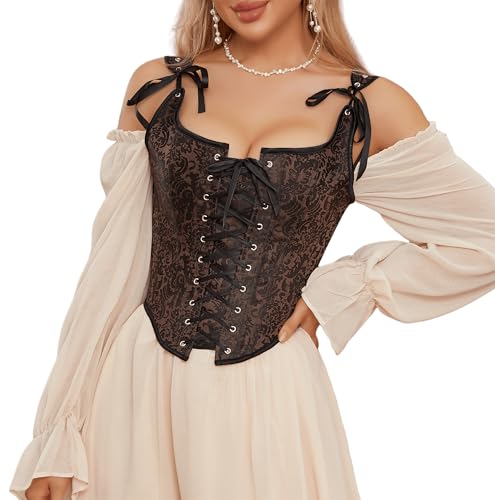 Image of Vintage-Renaissance-Corset-Top for Women-Gothic-Camisole-Overbust-Bustier | Retro floral renaissance corset bustier,women lace-up shapewear, for daily,cosplay, Halloween and themed costume