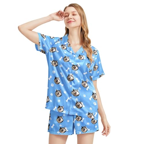 Image of Funny Satin Pajamas Set for Women Button Down Sleepwear Print Pjs Set 2 Piece Short Sleeve Loungewear Gift for Women
