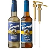 Torani Sugar Free Classic Caramel Syrup and Sugar Free French Vanilla Syrup Variety 2-Pack, Coffee Syrups for Drinks, Pumps Included, 25.4 Fl Oz Ea