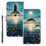 WUACYEAMING für Nokia 6.1/Nokia 6 Version 2018 Hülle Premium PU Leder Flip Klappbare Stoßfeste Magnetische Schutzhülle Tasche mit Kartenfach Geld Slot Ständer Delphin