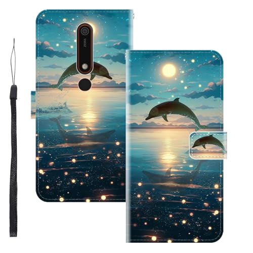 WUACYEAMING für Nokia 6.1/Nokia 6 Version 2018 Hülle Premium PU Leder Flip Klappbare Stoßfeste Magnetische Schutzhülle Tasche mit Kartenfach Geld Slot Ständer Delphin