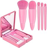 Kit Pincéis de Maquiagem com Estojo e Espelho Portátil – 5 Pincéis para Base, Pó e Sombra, Compacto para Viagem (Rosa)