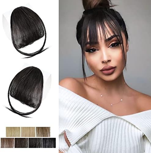 HANYUDIE Clip in Bangs Human Hair Bangs Hairpiece Brown Black Clip on Bangs with Temple Wispy Bangs Hair Extensions for Women (Wispy Bangs, Brown Black)