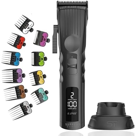 Supreme Trimmer 2Spee Hair Clipper (3.5 Hour Use) Removable Blades, 2 Speeds, Battery Display | Cordless Professional Barber - Easy Color Coded Guide Combs | STC922 Black Cover