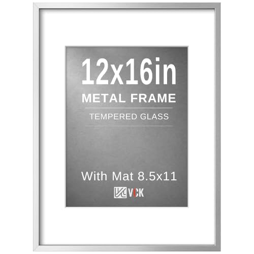 Image of VCK 12x16 Frame Silver Metal, Real Glass, 8.5x11 Mat, for Picture