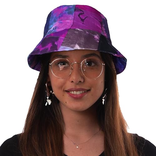 100% Silk Tie Dye Unisex Bucket Hat - Stylish & Breathable Sun Protection for Summer - Purple/Violet Patchwork Design