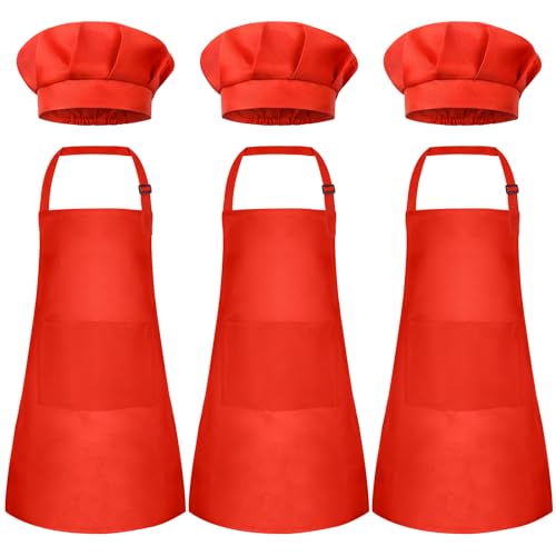Tablier et toque de chef pour enfants rouge 18x24 in avec 2 poches