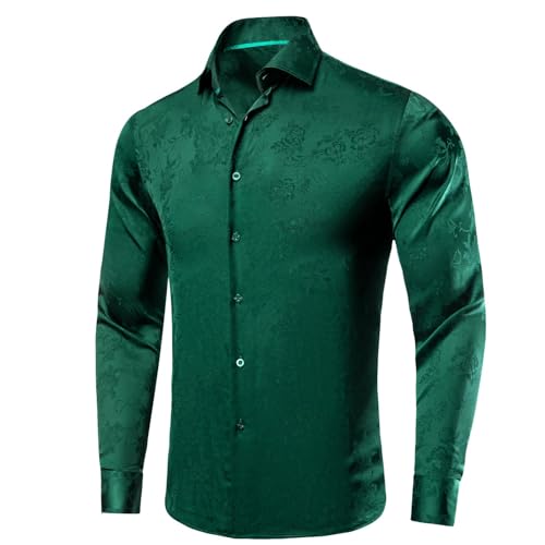 Image of Hi-Tie Men's Silk Satin Dress Shirts Long Sleeve Shiny Casual Button Up Shirts Luxury Party Disco Prom Wedding Shirt