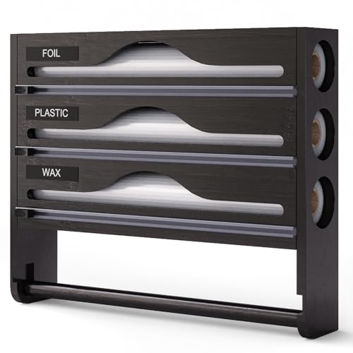 Distributeur Film Alimentaire et Papier Aluminium 3 en 1 – Support Cuisine Bambou avec Coupeur Précis, Porte Sopalin Mural/Tiroir, Rangement Organisé pour...