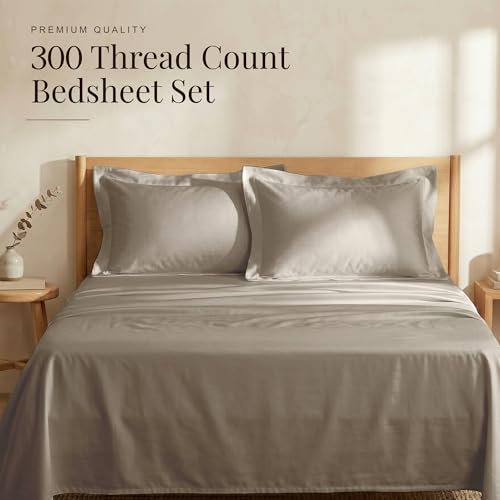 Image of Huesland Premium 100% Pure Cotton Luxe Soft Touch 300 Thread Count Bedsheet for Double Bed King Size with 2 Pillow Covers | Dessert Taupe | 108 x 108 inches