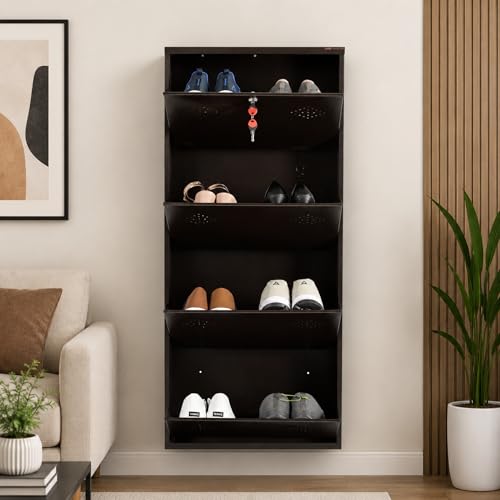 Image of 4 Door Wall Mounted Metal Shoe Rack Cabinet with Lock | Space Saving Shoe Storage Cabinet | Dustproof & Ventilated Shoe Organizer for Home, Entryway, Bedroom & Balcony | Brown | 52 x 21 x 6 Inch