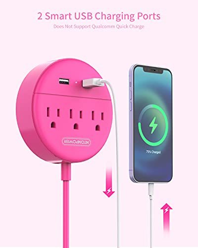 15 ft Extension Cord Power Strip with USB, NTONPOWER Mountable Power Strip Flat Plug with 3 Outlet 2 USB, ETL Listed, Desktop Charging Station, Compact Size for Home Office Dorm Room Nightstand, Pink — view 6