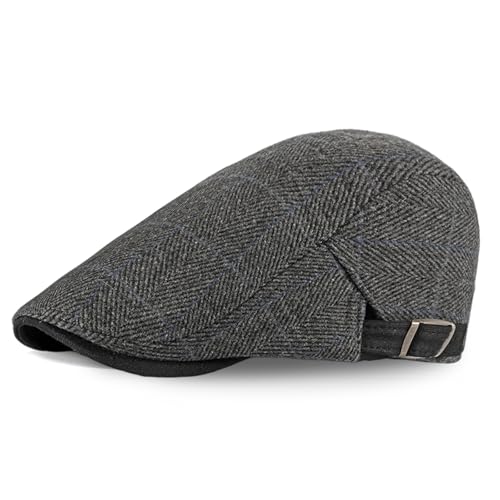 meioro Mens Cotton Flat Cap Herringbone Tweed Newsboy Hat Striped Plaid Adjustable Wool Blend Hats Gatsby Cabbie Ivy Caps(Plaid-Black)