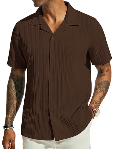 PJ PAUL JONES Mens Casual Shirts Short Sleeve Button Down Shirts Regular Fit Dress Shirts Beach Hawaiian Shirts Coffee