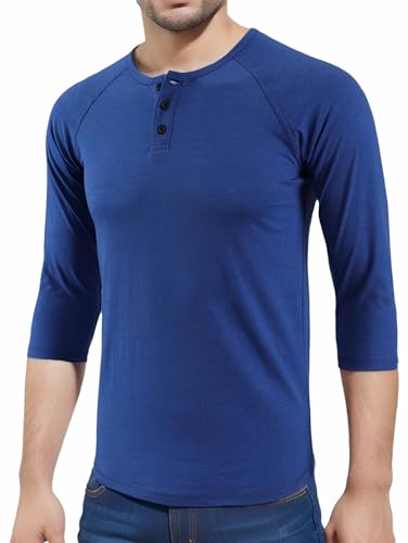 HETHCODE Men's Casual Raglan Fit Soft Baseball 3/4 Sleeve Active Sports Henley T-Shirts Tee Heather Blue XL