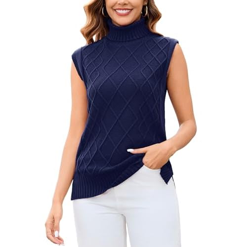 Totatuit Womens Sleeveless Turtlenecks Sweaters Cap Sleeve Mock Neck Ribbed Knitted Solid Pullover Sweater Vest A_navy Blue Medium