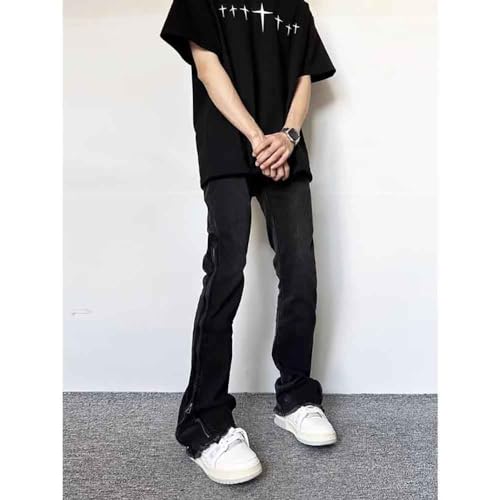 BXCNCKD Gothic Pants, high Street Ruffled Jeans, Men's American Black Slim fit, Retro Micro Flared Pants Y2K2