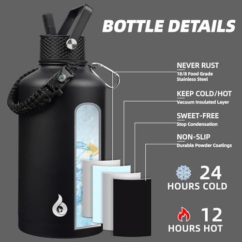 Image of BJPKPK 2 /3 Gallon Water Bottle with Straw Lid, 87oz Large, Stainless Steel Water Bottles with 3 Lids and Paracord Strap, Double Wall Vacuum Metal Jug, Black