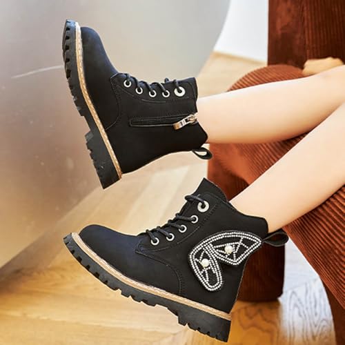 Girls Fall Winter Fashion Ankle Boots Side Zipper Combat Shoes Cute Wing Lace Up Short Boots Comfortable Booties4