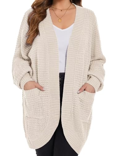 MONNURO Womens Plus Size Open Front Cardigan Waffle Knit Long Sleeve Sweaters Tops 2024 Fall Coat Outerwear with Pockets